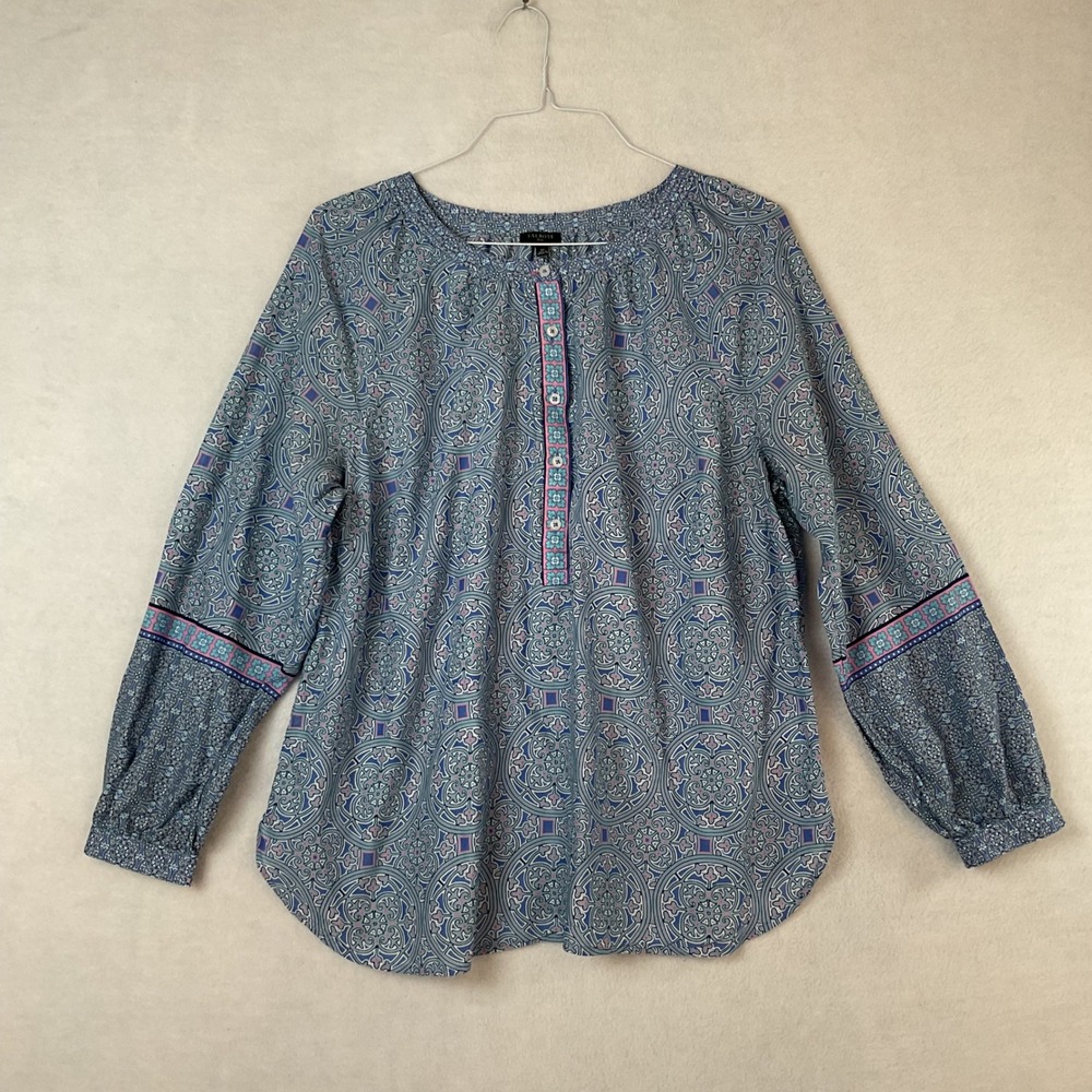 Talbots Plus Womens 1X Blue Pink Geometric Medallion Cotton Tunic Blouse Top